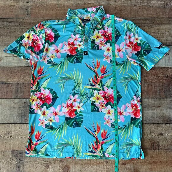 Bad Birdie Mens XL Hawaiian Tropical Floral Polo Shirt Short Sleeve in Blue - Picture 3 of 6